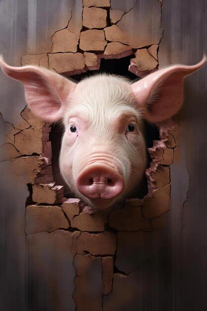 Premium Ai Image A Small Pig Peeking Out From A Hole In A Wall In The