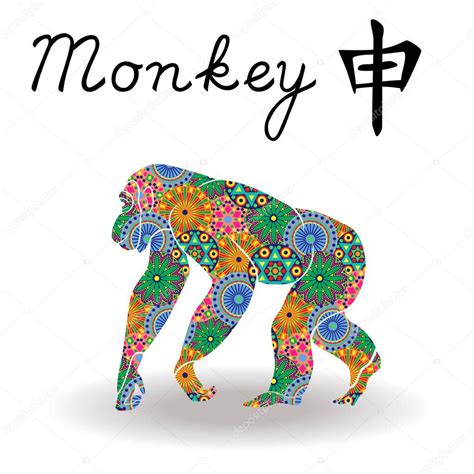 Chinese Zodiac Sign Monkey with color geometric flowers — Stock Vector ...