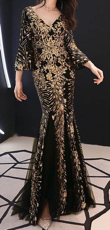 Black Gold Floral Classy Evening Gown Dress Stunning Princess