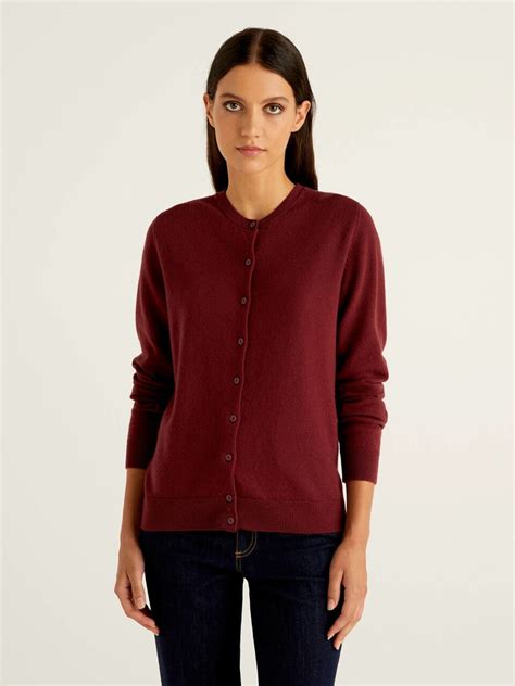 Burgundy Crew Neck Cardigan In Pure Virgin Wool