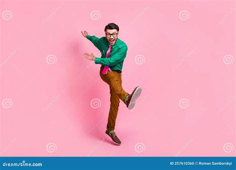 Full Length Photo Of Pretty Positive Man Dressed Green Shirt Eyewear