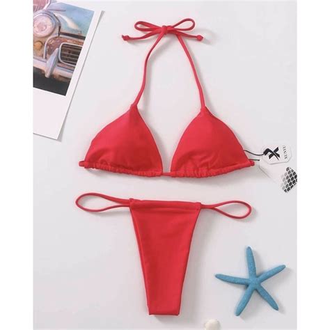 Xunyu Swim Xunyu Bikini Solid Red Swimwear Two Piece Swimsuit Thong