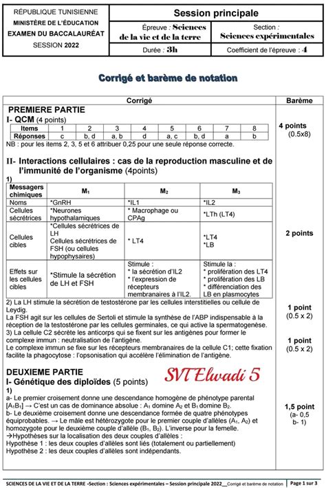 Bac Sc expérimentales Sciences SVT Bac SVT Session principale 2022