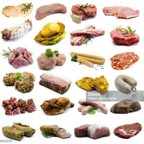 Different Types Of Meat And Sausage In Collage Isolated On White ...