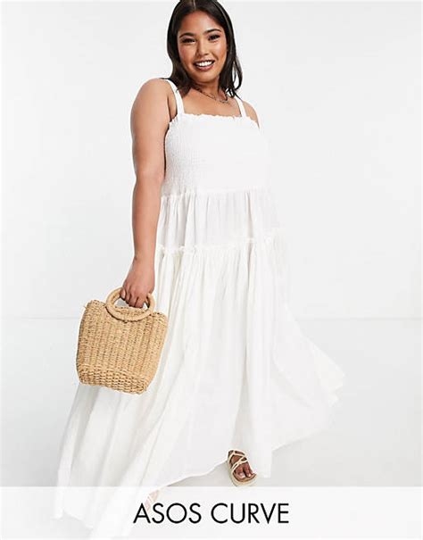 Asos Design Curve Shirred Cami Midi Sundress With Raw Edges In White Asos