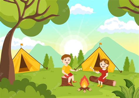 Campamento De Verano Ilustración De Niños Acampando Y Viajando De Vacaciones Con Equipo Como