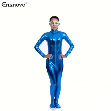 Ensnovo Nylon Lycra Shiny Metallic Turtleneck Bodysuit Blue Unitard