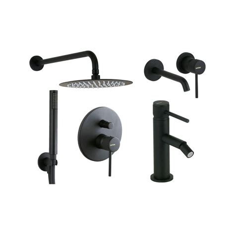 Set Miscelatori Lavabo A Muro Bidet E Kit Doccia In Finitura Nero