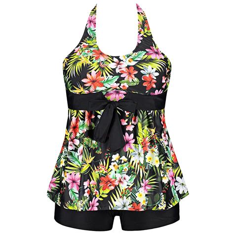 Womens 2018 Swimsuit Large Size Floral Print Shorts Tankini Set Push Up Halter Bathing Suit Maio