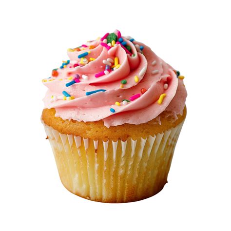 A Delicious Vanilla Cupcake With Pink Frosting And Sprinkles Isolated