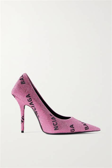 Balenciaga Square Knife Crystal Embellished Logo Jacquard Suede Pumps