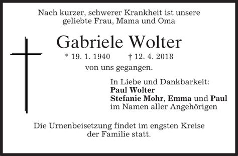 Traueranzeigen Von Gabriele Wolter Trauer Merkur De