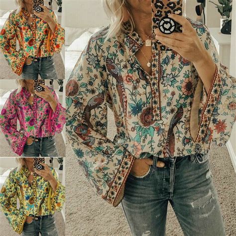 Women Boho Lantern Long Sleeve Loose Tops Ladies Hippie Gypsy Tunic