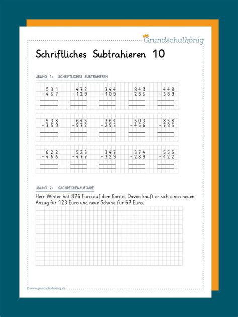 Schriftliche Subtraktion Arbeitsbl Tter Klasse Pdf