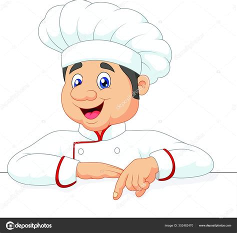 Dessin Animé Petit Chef Pointant Vers Une Bannière Menu image