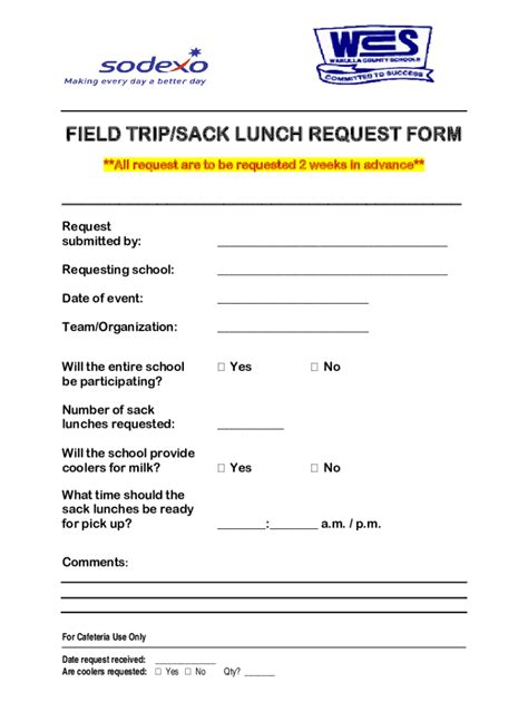 Fillable Online FIELD TRIP SACK LUNCH REQUEST FORM Fax Email Print