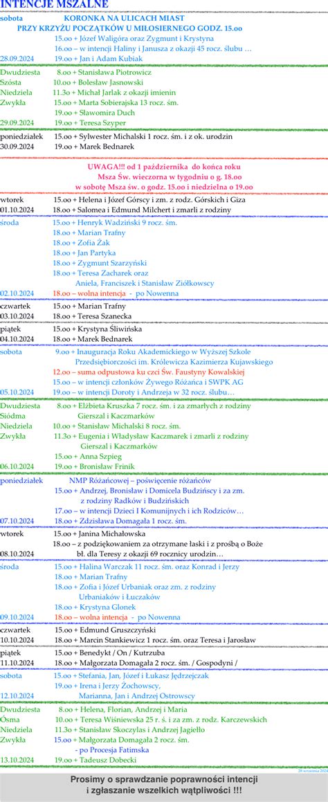 Intencje Mszalne
