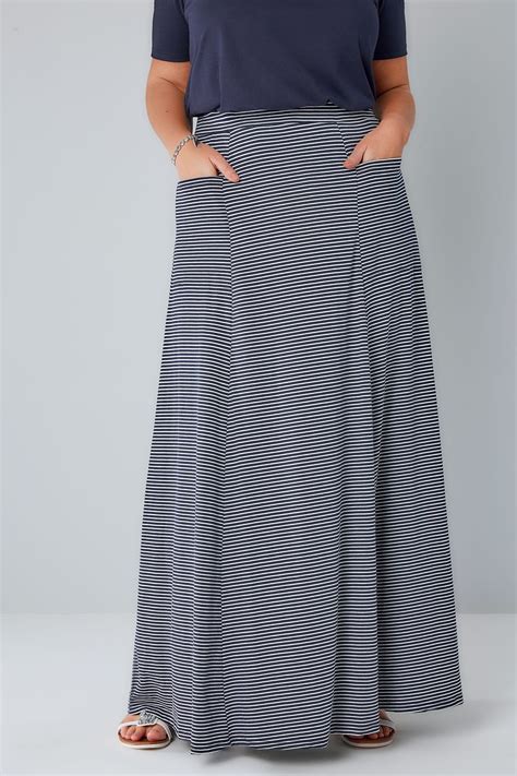 Navy White Stripe Maxi Skirt With Pockets Plus Size 16 To 36