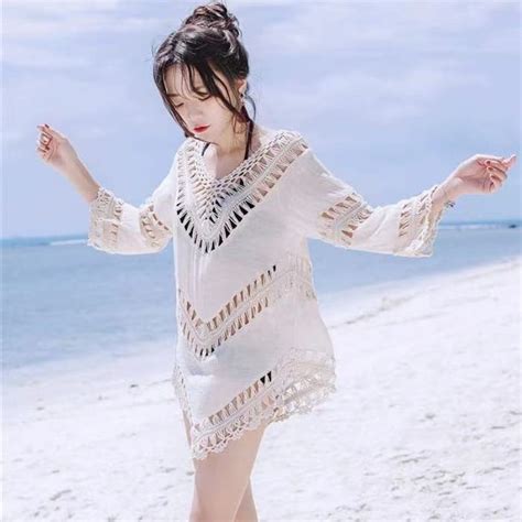 Jual White Cream Crochet Lasercut Bikini Outer Top Luaran Wanita Beach Cover Swimsuit Bikini