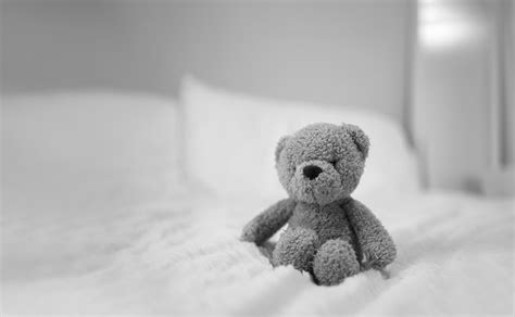 Teddy Bear Sitting On Bed In Bedroom Black And White Lonely Brown Bear