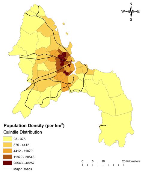 Population density by ward and major roads in Dar es Salaam, Tanzania ...