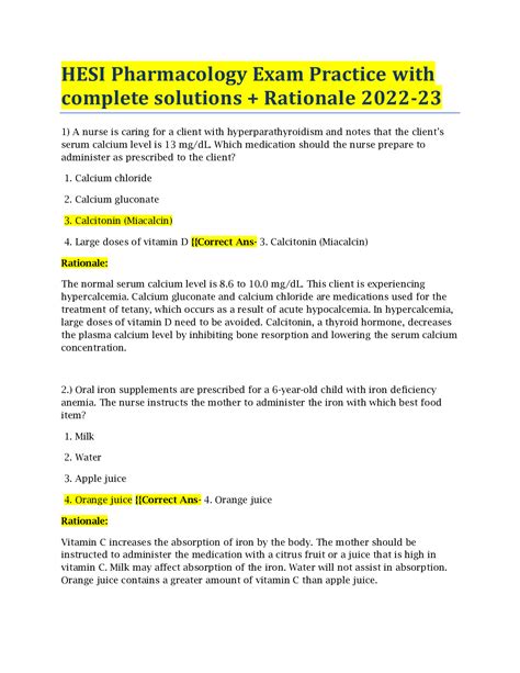 HESI Pharmacology Exam Practice With Complete Solutions Rationale