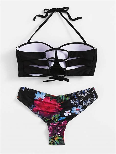 Set Bikini Con Estampado Floral Negro Spanish Shein Sheinside