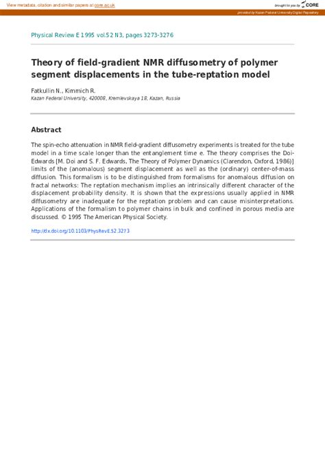 (PDF) Theory of field-gradient NMR diffusometry of polymer segment displacements in the tube ...