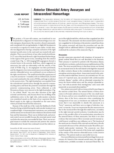 Pdf Anterior Ethmoidal Artery Aneurysm And Intracerebral Hemorrhage Leodante Da Costa