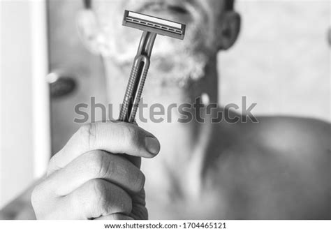 Portrait Handsome Naked Man Shaving Using Stock Photo