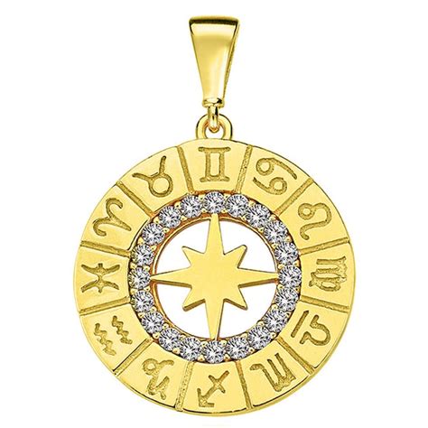 14k Yellow Gold Cubic Zirconia Round Zodiac Compass Calendar Pendant