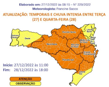 SC Tem Alerta Para Temporal Risco De Alagamentos E Deslizamentos