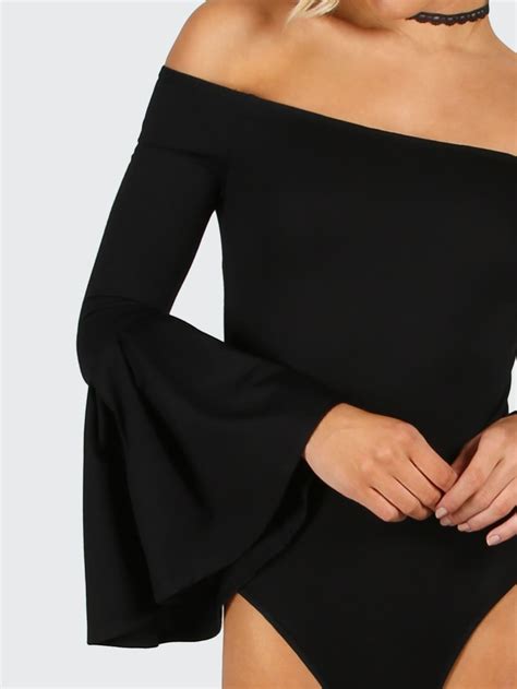 Black Off The Shoulder Bell Sleeve Bodysuit Sheinsheinside