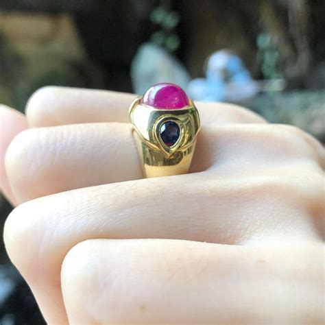 Cabochon Ruby With Blue Sapphire Ring Set In 18 Karat Gold Settings For