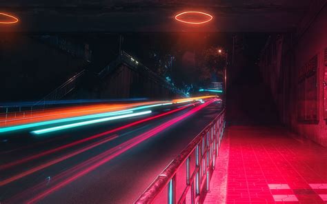 Download Wallpaper 3840x2400 Street Neon Lights Motion Long