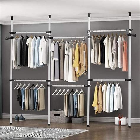 Heavy Duty Clothes Rack 4 Poles 6 Bars Telescopic Coat Hanger Wardrobe