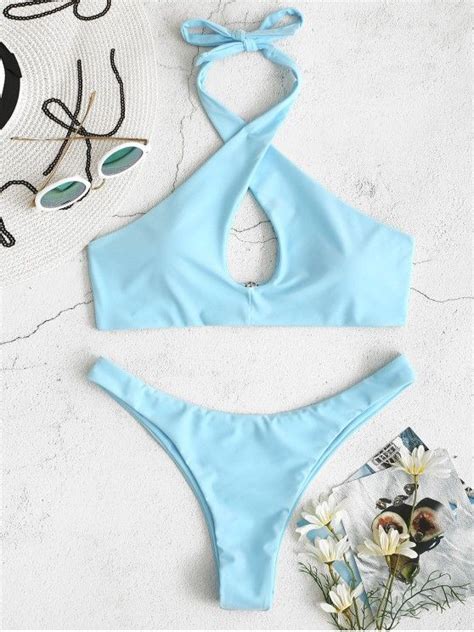 34 OFF 2021 ZAFUL Halter Cross Keyhole Bikini Set In LIGHT SKY BLUE