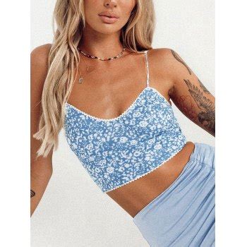 Emmiol Free Shipping Lace Trim Floral Crop Cami Top Blue M In Tank