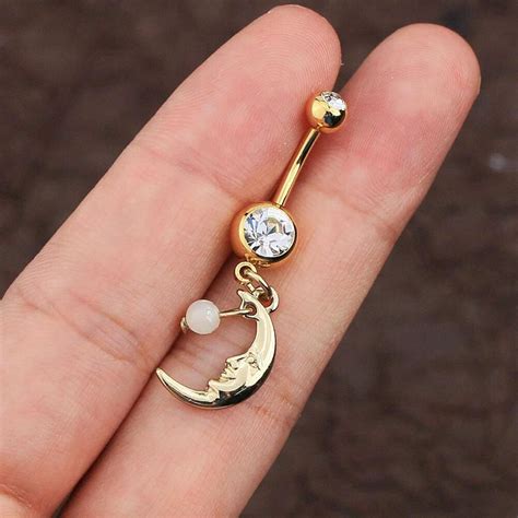 14G Gold Plating Steel CZ And Opal Moon Dangle Navel Rings In 2021