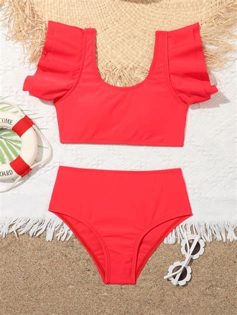 SHEIN Conjunto de Maiô Bikini Babado Liso para Menina na