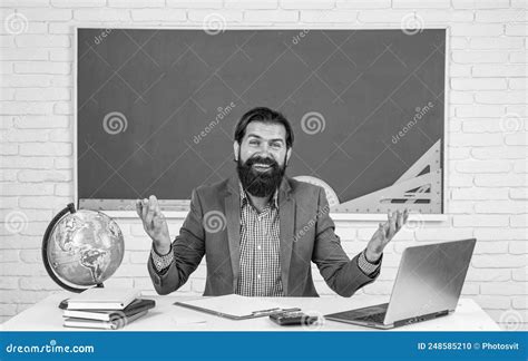 Welcome On Board Knowledge Day Mature Bearded Teacher At Lesson