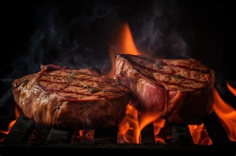 Premium AI Image Beef Steaks On The Grill With Smoke And Flames