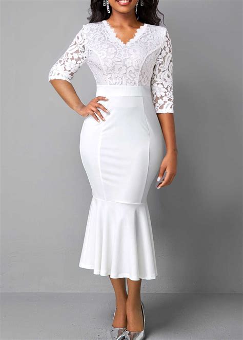 Rotita White Lace V Neck Mermaid Dress Rotita Usd