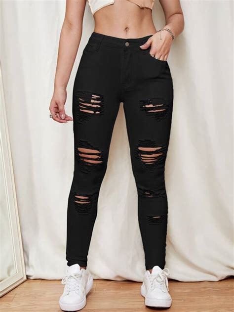 Shein Ezwear Slant Pocket Ripped Skinny Jeans Shein Usa