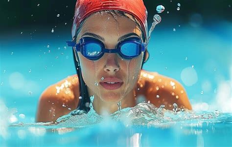 Premium Photo Female Swimmer With Goggles And Cap Swimming Freestyle