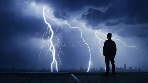 Person Watching Lightning From Rooftop During Storm Stock Illustration