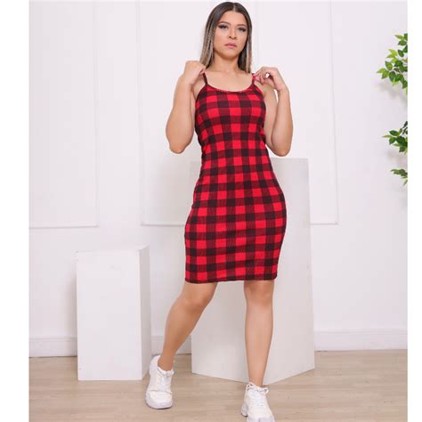 Vestido Curto Feminino Xadrez Tipo Tubinho De Alcinha Canelado Moda