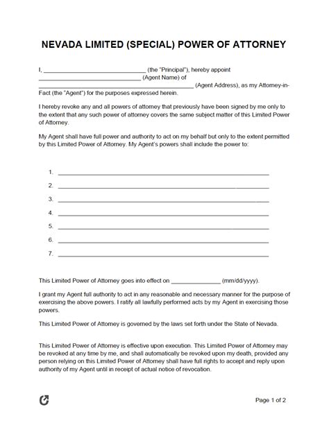 Free Nevada Limited Power Of Attorney Form Pdf Word Rtf