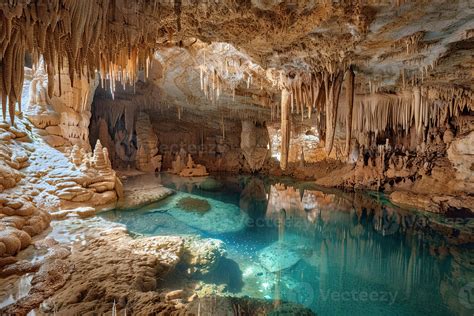 Large beautiful sharp stalactites hanging down from deep mountain cave