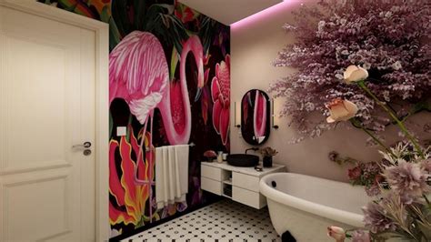 Premium Photo | A bathroom with a flamingo mural on the wall